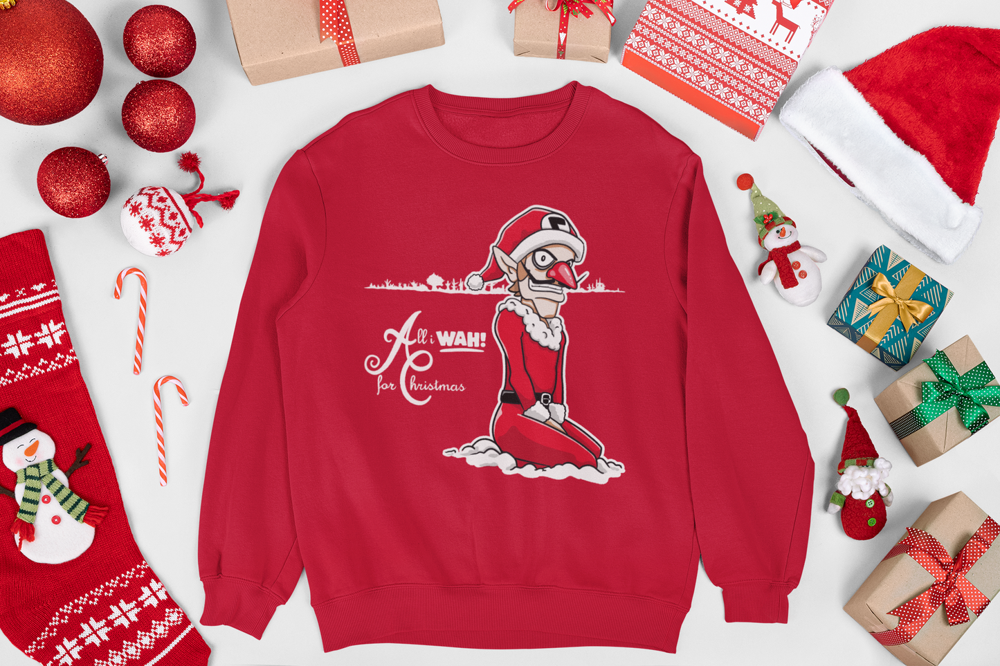 All I WAH! For Christmas - Red and Black Crewneck Sweatshirt Funny Gift for Gamers Nintendo Fans of Waluigi Geeky Christmas