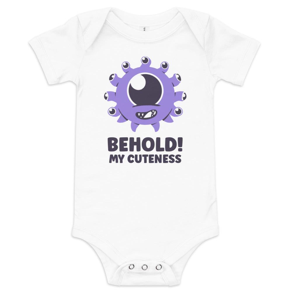Unique DND gift for new parents, dungeons and dragons gift for baby "behold my cuteness" with illustration of beholder on a white baby onesie bodysuit