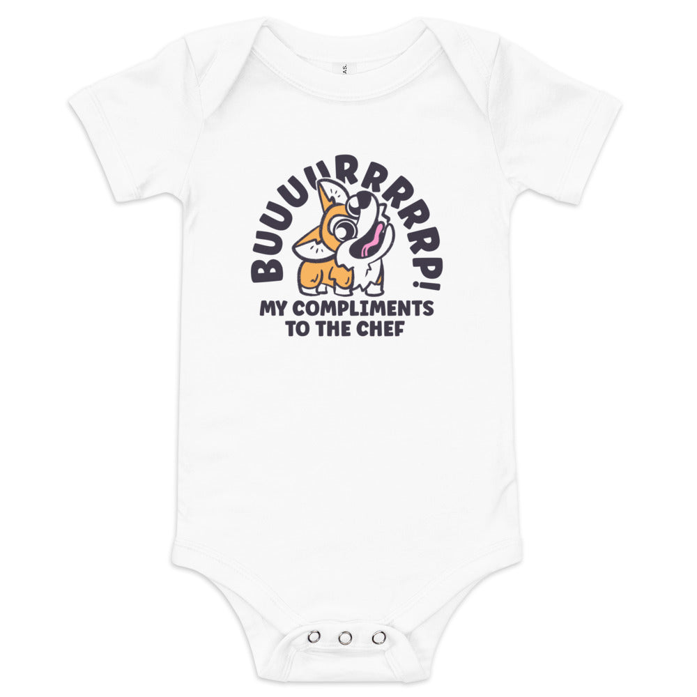 funny cute gift for new parents, a baby bodysuit onesie featuring a corgi and the funny phrase "burp my compliments to the chef" on white