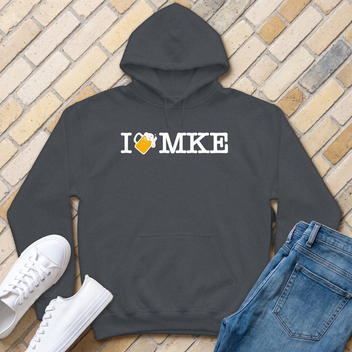 I Beer MKE Hoodie - Dark Heather - front