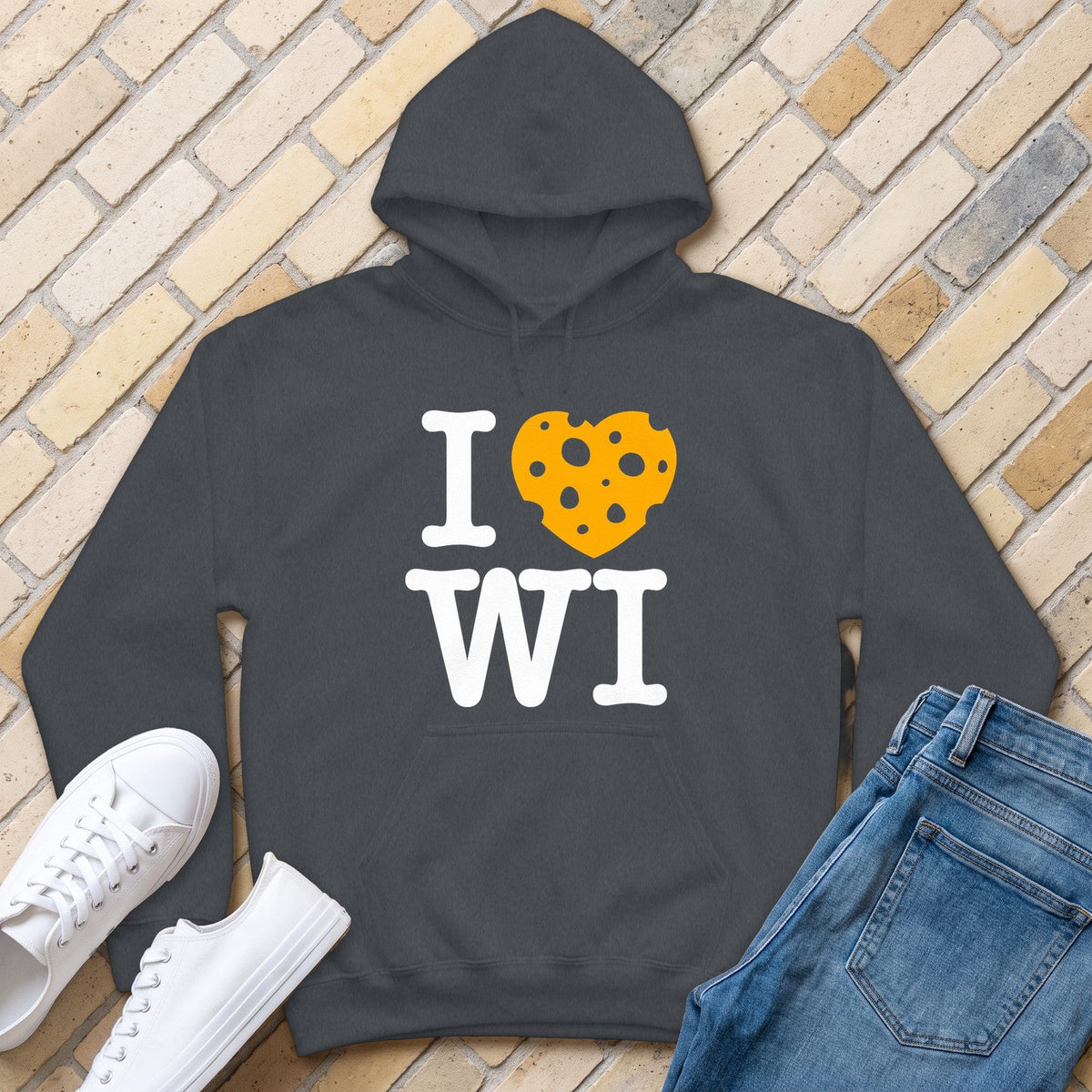 I Heart WI Hoodie - Dark Heather - front