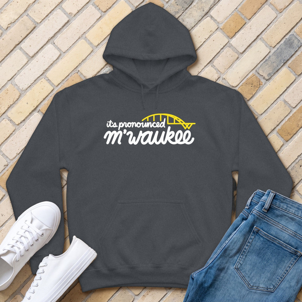 It's Pronounced M'Waukee Hoodie - Dark Heather - front