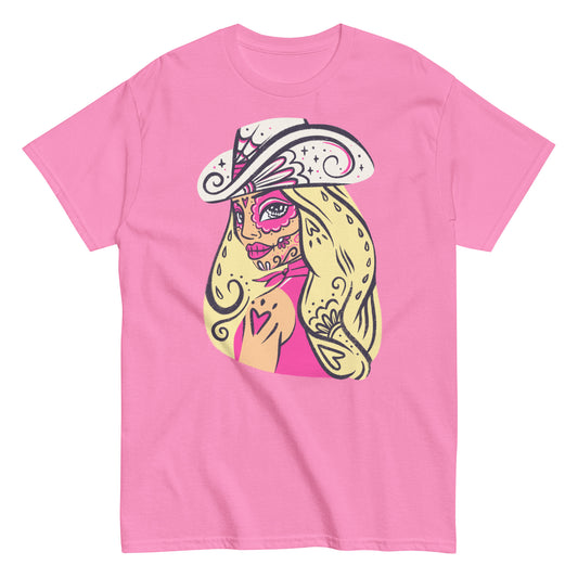 Unique gift for fans of Barbie, this Barbie movie sugar skull design is on a pink t-shirt