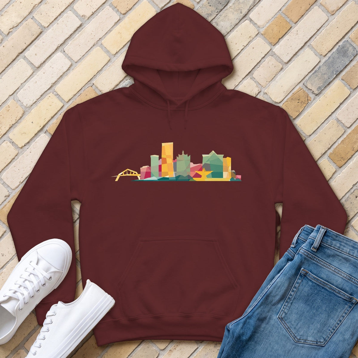 Milwaukee Skyline Earth Tones Hoodie - Maroon - front