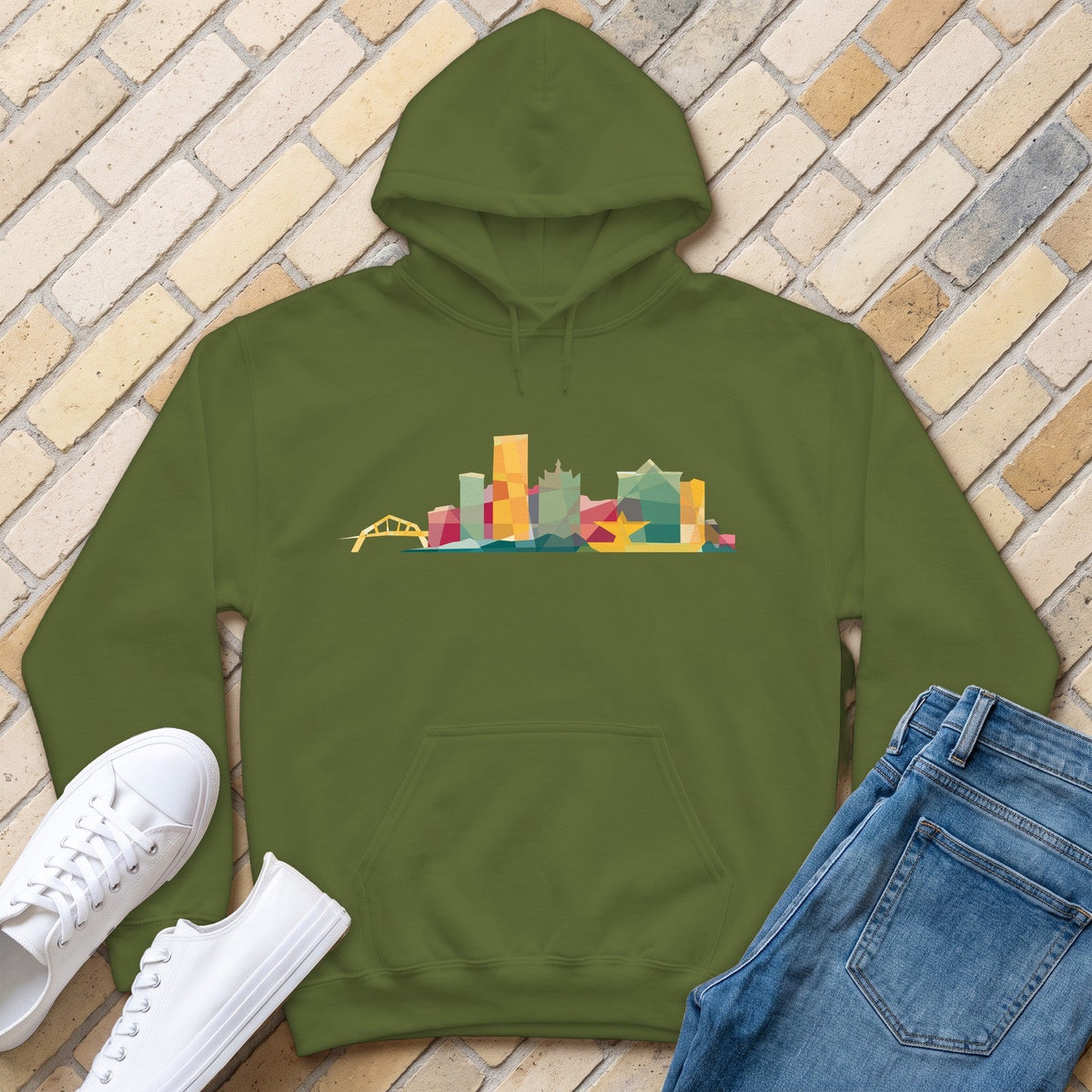 Milwaukee Skyline Earth Tones Hoodie - Military Green - front