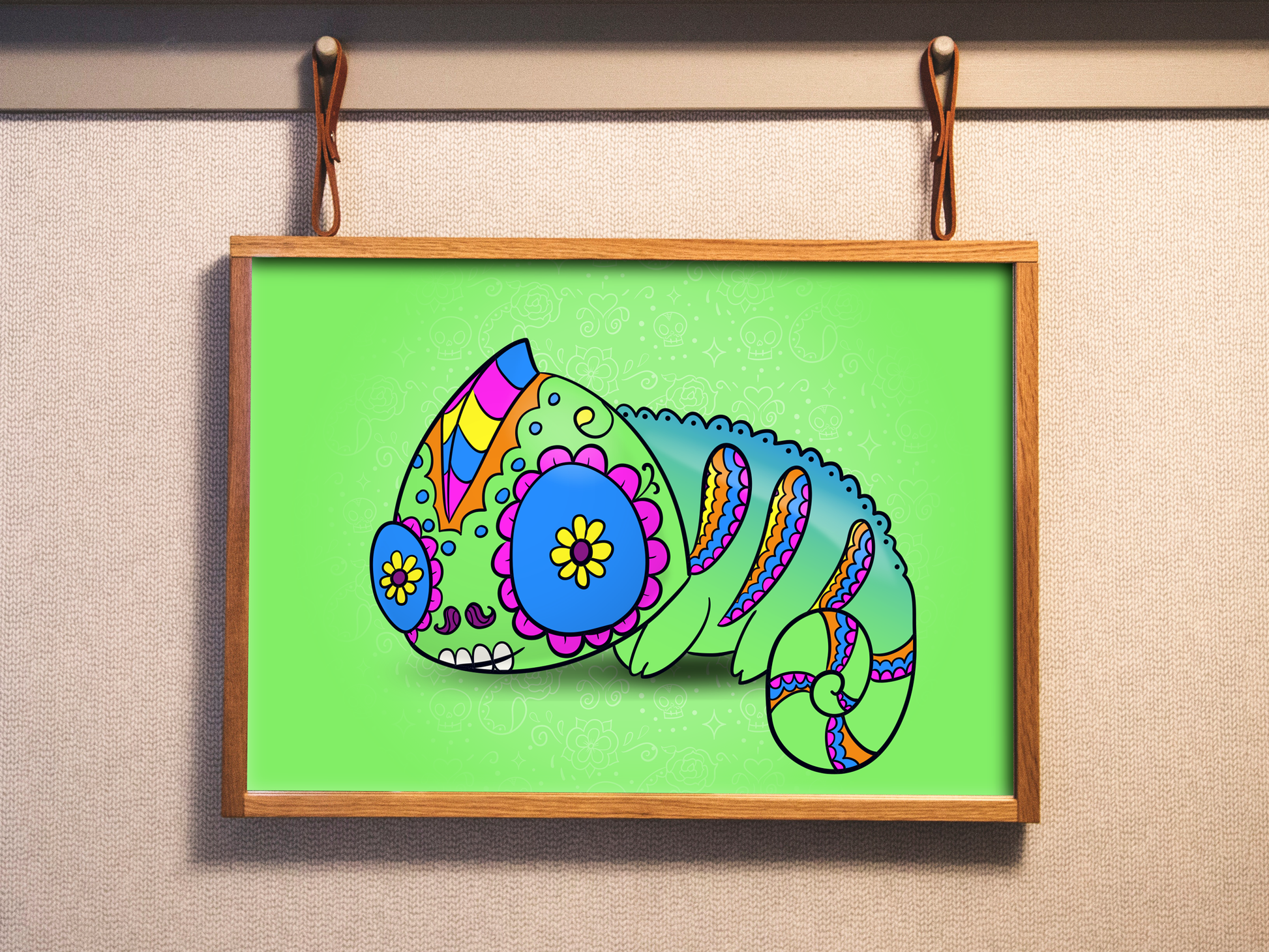 Chameleon gift for someone who owns chameleon sugar skull art print on green background