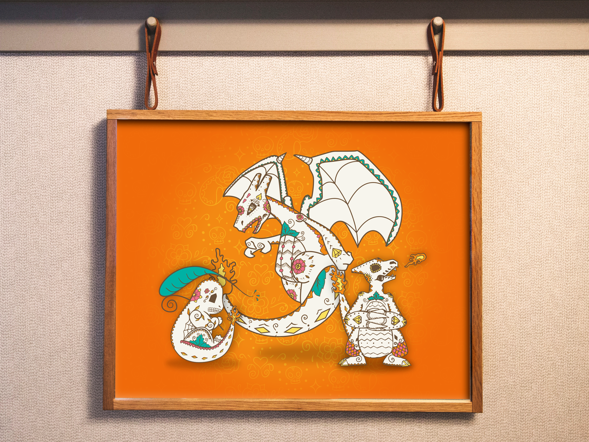 unique pokemon gift for pokemon fans charmander charmeleon and charizard sugar skull ilustration print on orange background