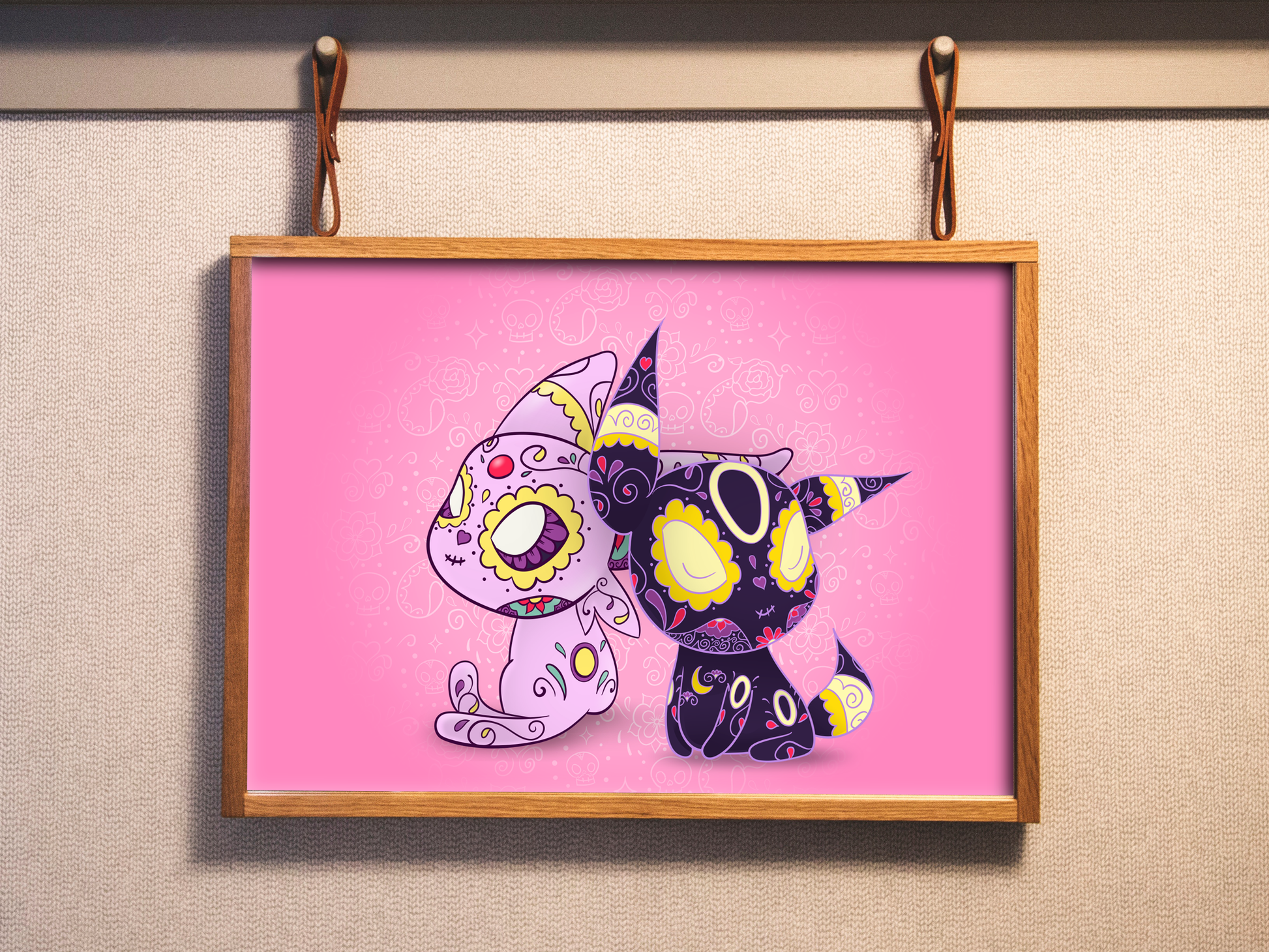 unique pokemon gift for pokemon fans espeon and umbreon sugar skull art print on pink background
