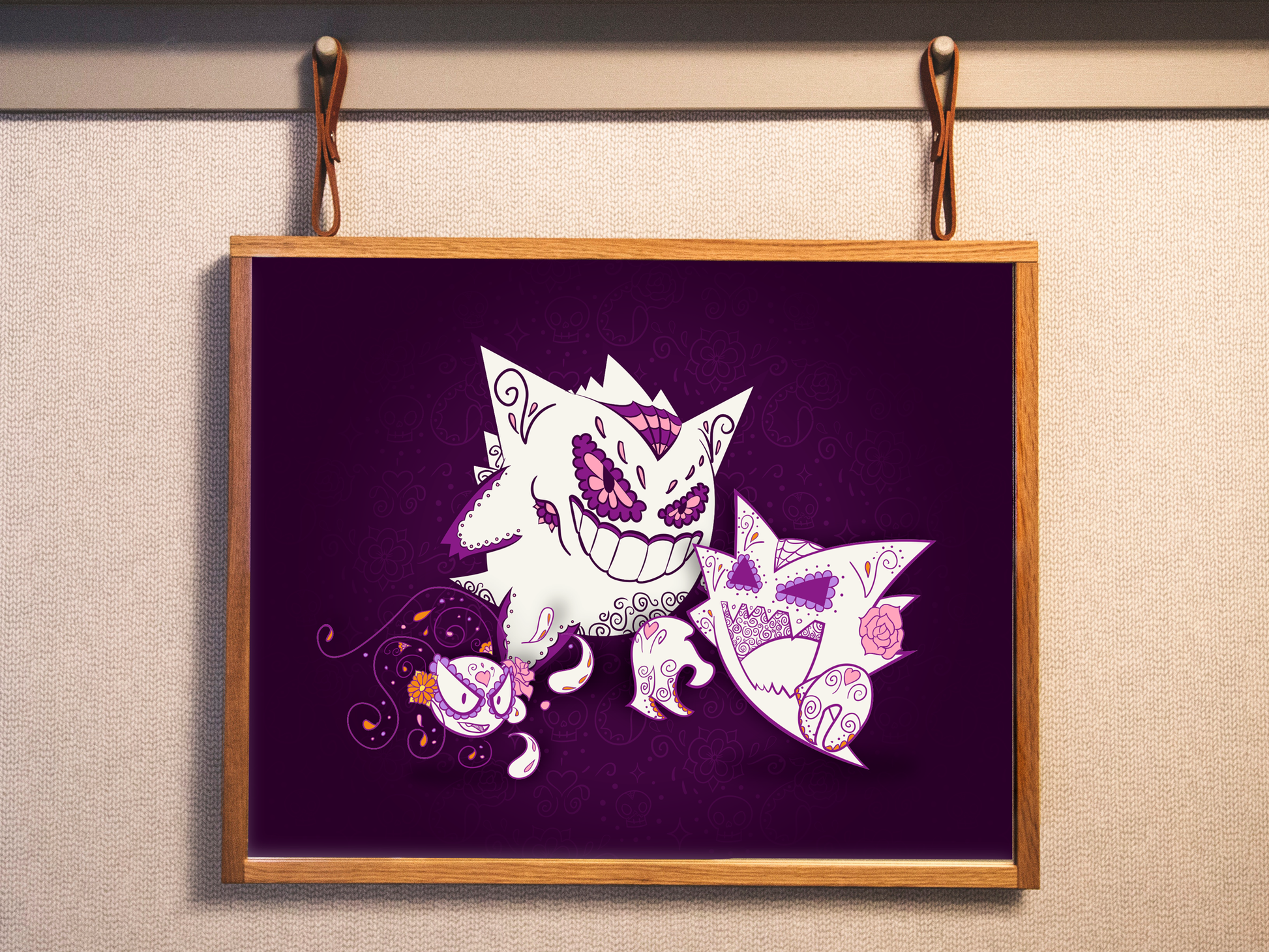 Unique Pokemon Gift for Pokemon Fans gastly evolutions haunter gengar sugar skull illustration art print on purple background