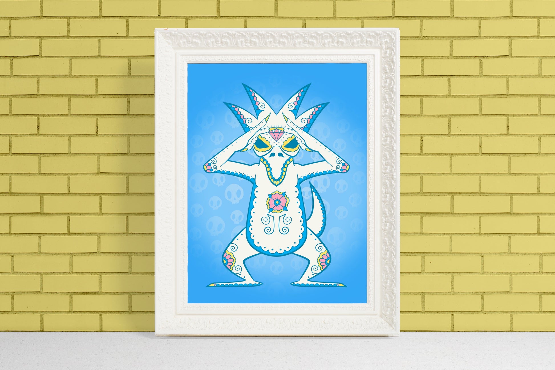 Unique Pokemon Gift for Pokemon Fans golduck sugar skull illustration art print on blue