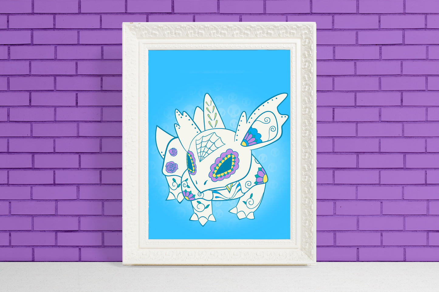 Unique Nidoran Gift for Pokemon Fans sugar skull illustration art print on blue
