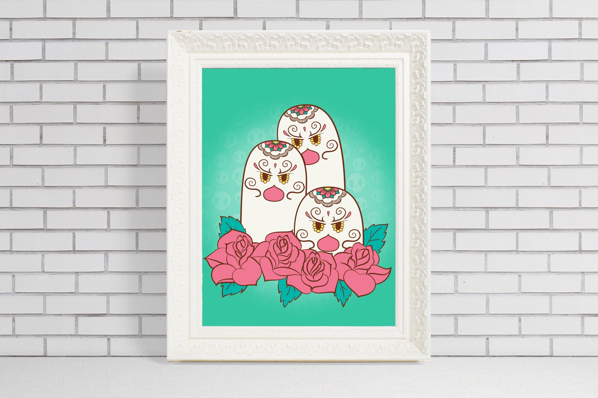 unique gift for pokemon fans, dugtrio in a sugar skull style art print with green background