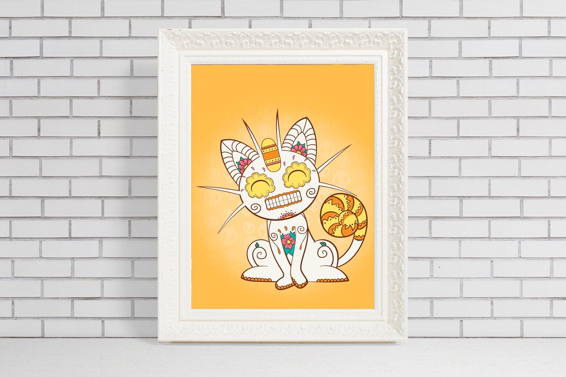 Unique Meowth Gift for Pokemon Fans sugar skull meowth illustration art print on yellow