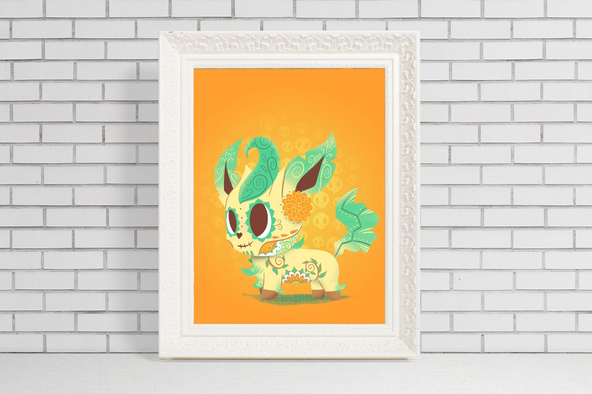 Unique leafeon Gift for Pokemon Fans sugar skull leafeon on orange background