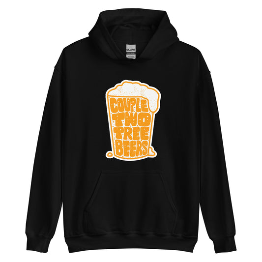 funny up north wisconsin beer hoodie black that says "couple two tree beers"