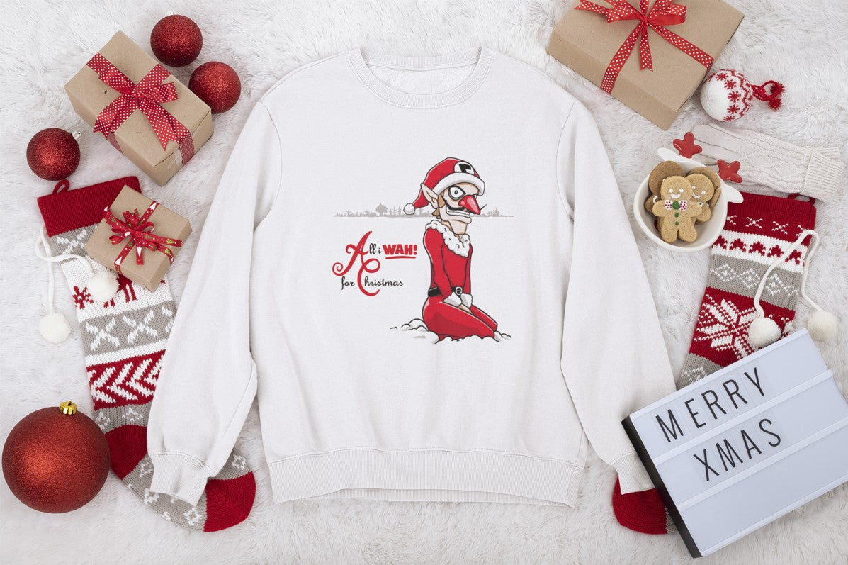 White crewneck sweater, a great gift for funny gamer christmas enjoyers with waluigi in a santa suit and the funny phrase "all i wah for christmas"
